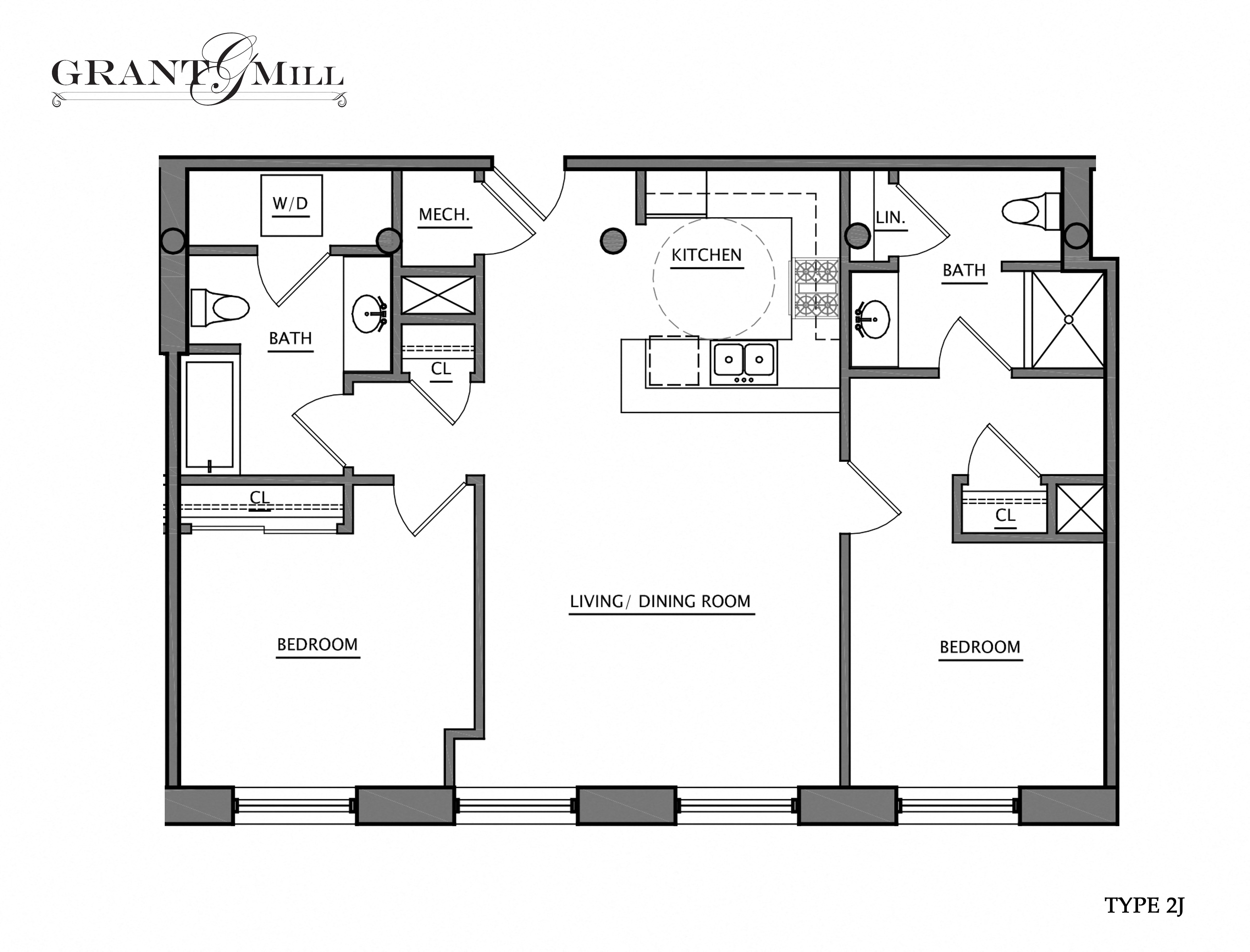 Floor plan for 2 beds, 2 baths, 983 sqft